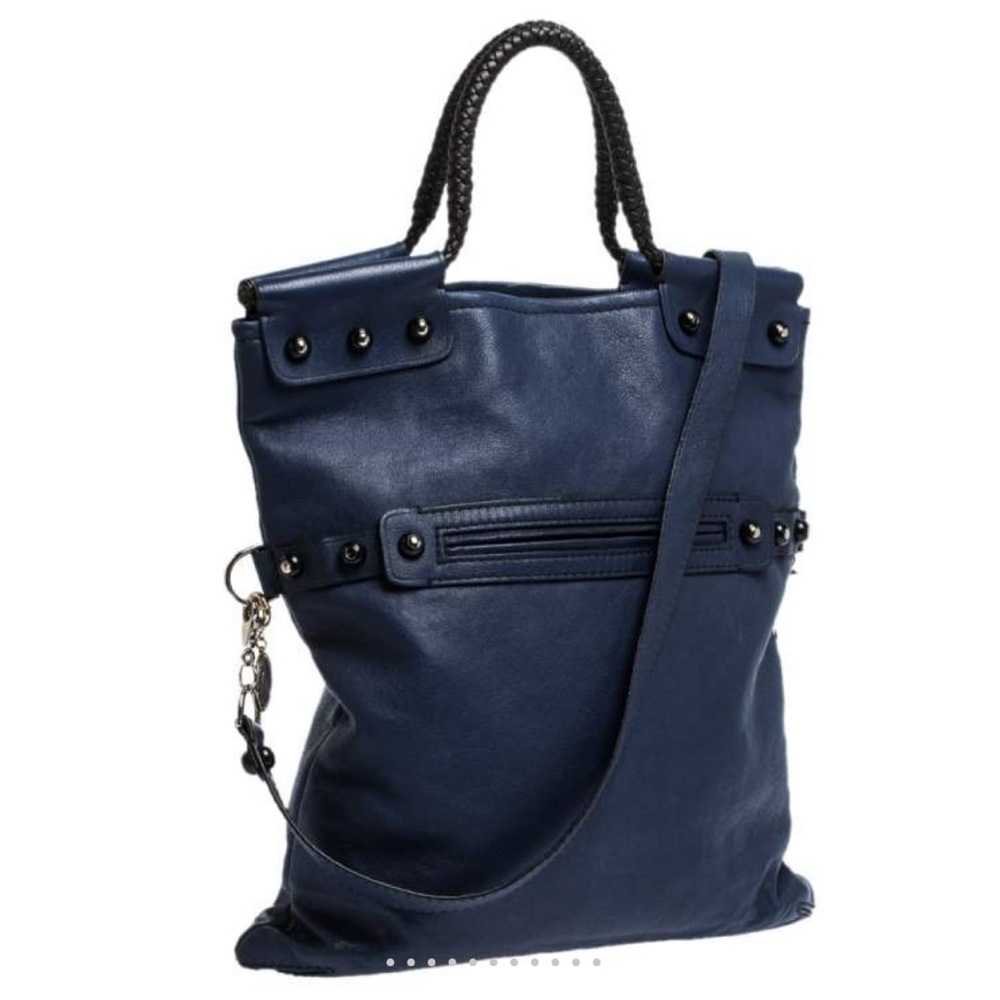 Lanvin Leather Convertible Tote Foldover Crossbody Shoulder Bag Handbag Blue